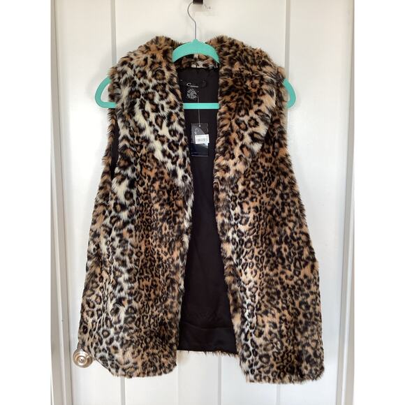 NWT Cejon Women Animal Print Faux Fur Open Front Jacket Vest Brown Beige Size XL - Picture 1 of 8